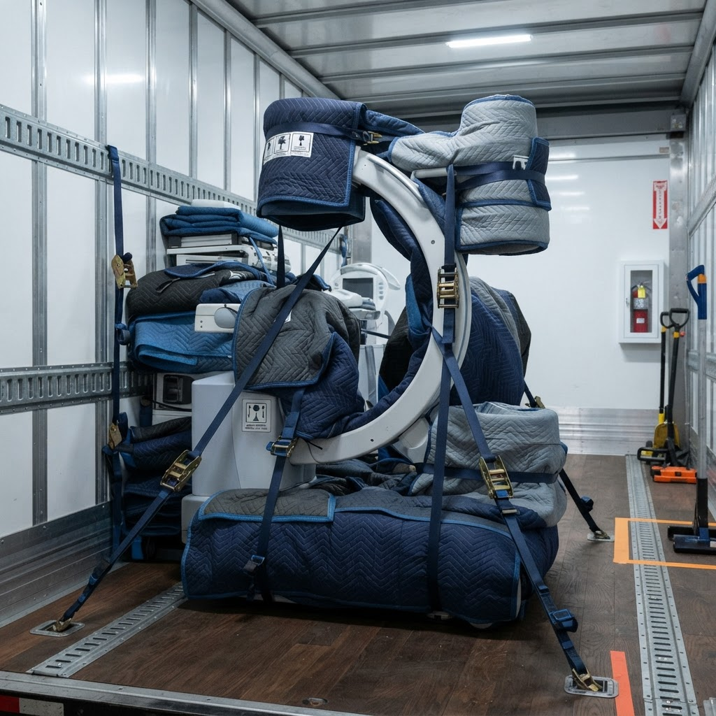 A padded C-arm fluoroscopy machine strapped inside an air-ride medical equipment truck