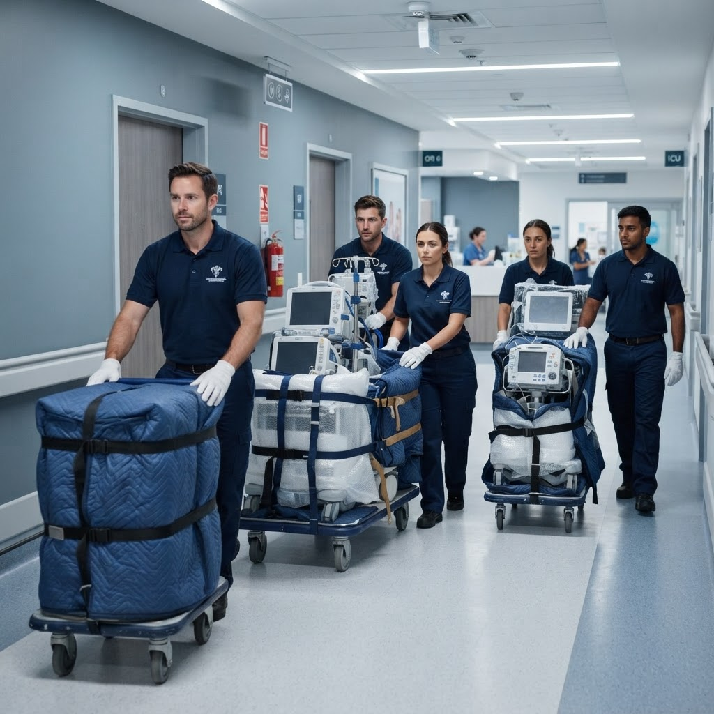 A white-glove team moving padded carts of medical equipment through a hospital corridor