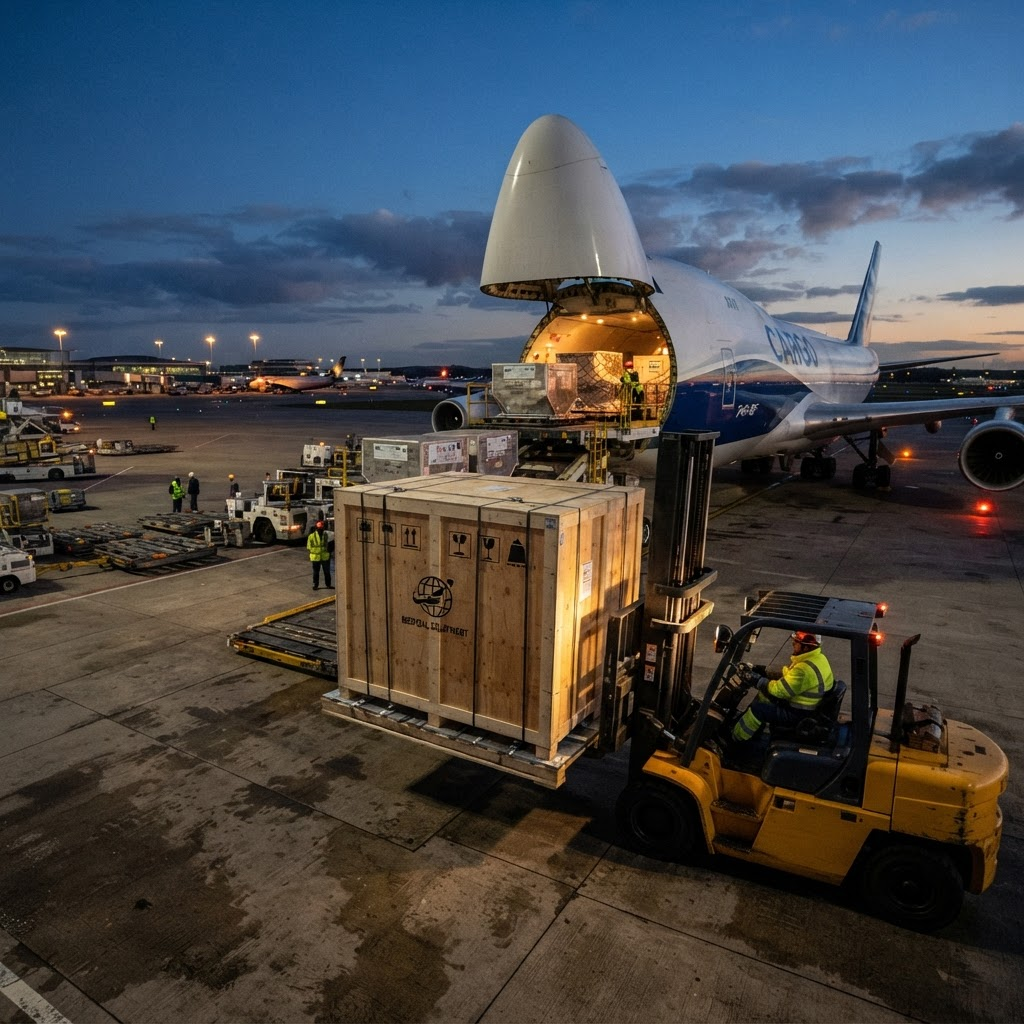 A crated medical imaging machine being loaded into air cargo freight at an airport