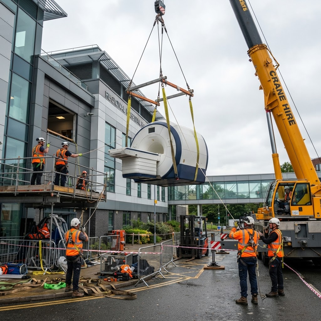 An MRI scanner being lifted with a crane and rigging straps outside a hospital