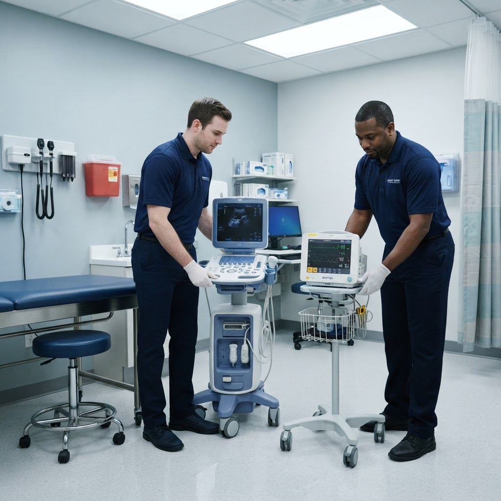Gloved technicians placing a patient monitor and ultrasound machine in a clinic exam room