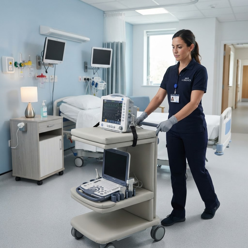 Technician placing a patient monitor and ultrasound machine inside a hospital room